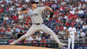 Cam Schlittler pitching for the New York Yankees against the Washington Nationals