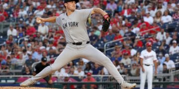 Cam Schlittler pitching for the New York Yankees against the Washington Nationals