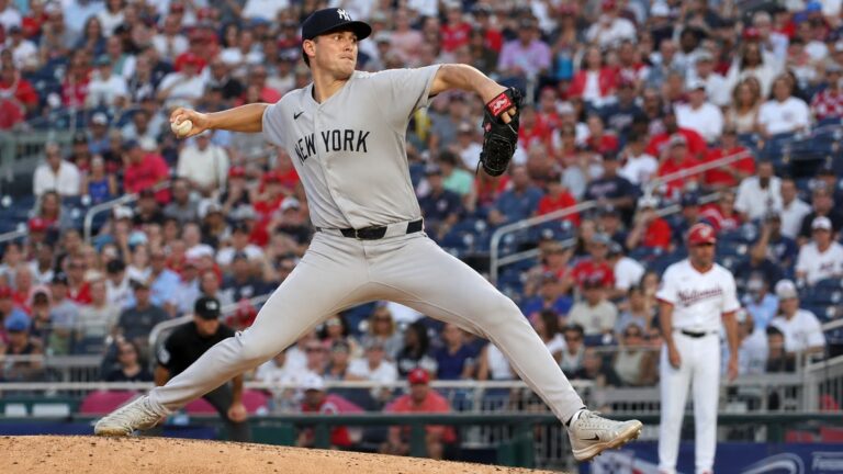 Cam Schlittler pitching for the New York Yankees against the Washington Nationals