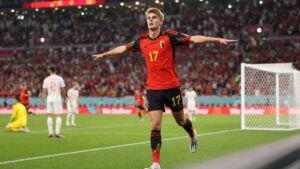 Charles De Ketelaere celebrating for Belgium against Spain at the FIFA World Cup 2026