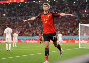 Charles De Ketelaere celebrating for Belgium against Spain at the FIFA World Cup 2026