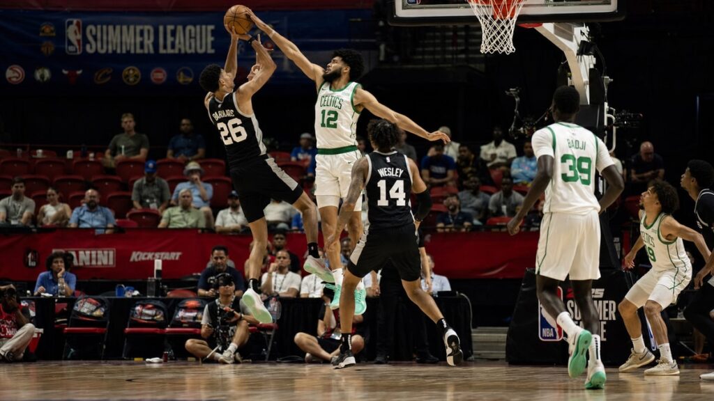 Chris Cenac Jr. blocking a shot for the Boston Celtics in NBA Summer League