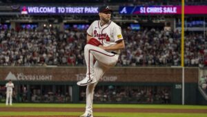 Chris Sale pitching for the Atlanta Braves at Truist Park
