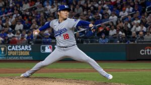 Yoshinobu Yamamoto pitching for the Los Angeles Dodgers