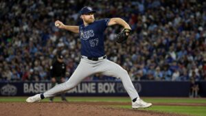 Drew Rasmussen pitching for the Tampa Bay Rays