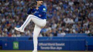 Dylan Cease pitching for the Toronto Blue Jays