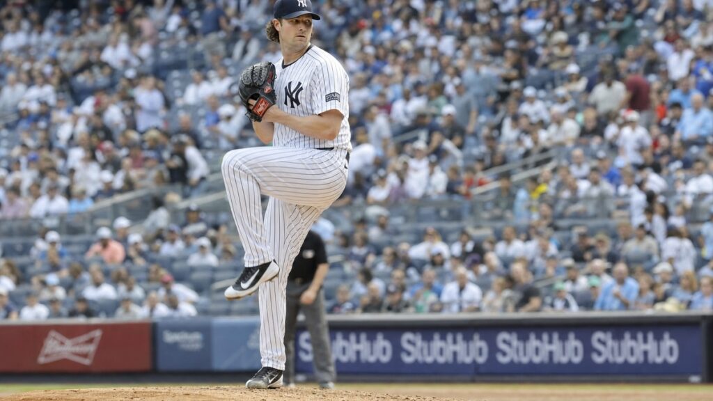 Gerrit Cole pitching for the New York Yankees against the Pittsburgh Pirates