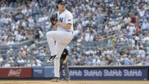Gerrit Cole pitching for the New York Yankees against the Pittsburgh Pirates