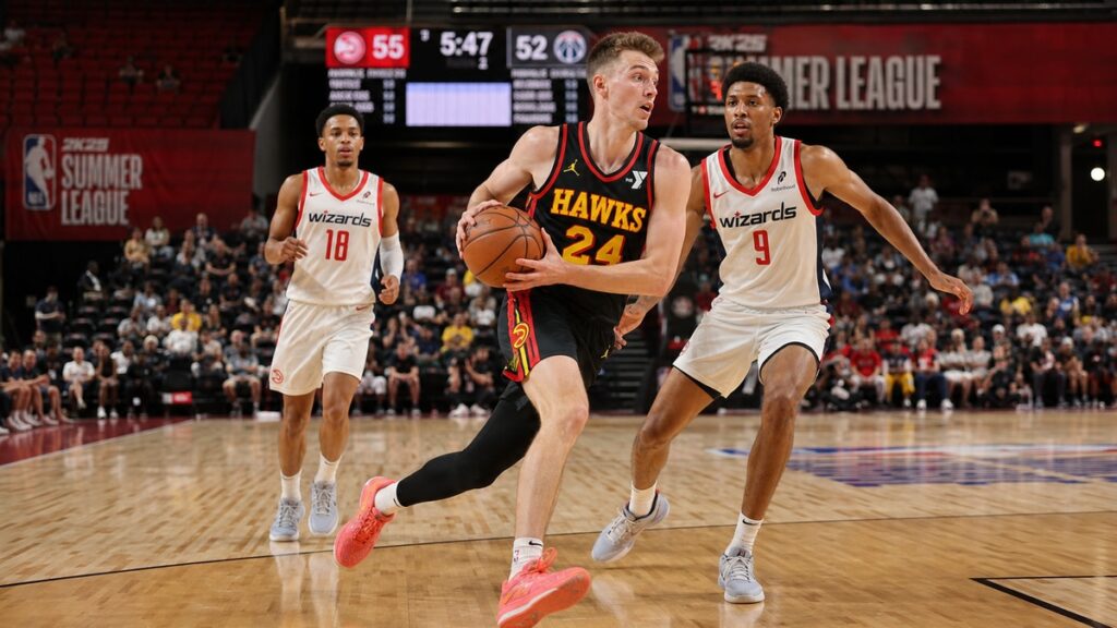 Isaac McKneely driving to the basket for the Atlanta Hawks during NBA Summer League in Las Vegas