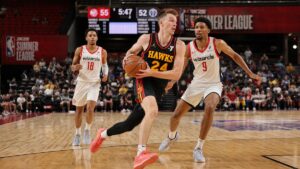 Isaac McKneely driving to the basket for the Atlanta Hawks during NBA Summer League in Las Vegas