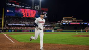 Kyle Manzardo rounding the bases for the Cleveland Guardians after a grand slam against the Cincinnati Reds