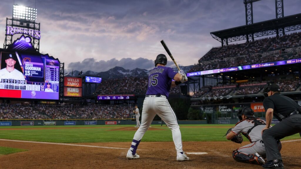 Hunter Goodman batting for the Colorado Rockies