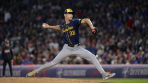 Jacob Misiorowski pitching for the Milwaukee Brewers