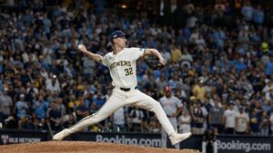 Jacob Misiorowski pitching for the Milwaukee Brewers