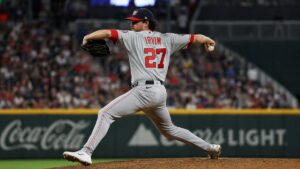 Jake Irvin pitching for the Washington Nationals
