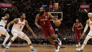 James Harden driving to the basket for the Cleveland Cavaliers