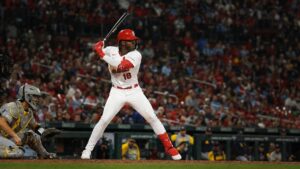 Jordan Walker batting for the St. Louis Cardinals at Busch Stadium