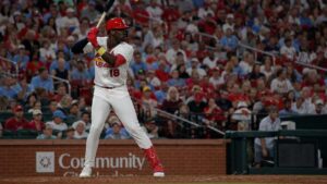 Jordan Walker batting for the St. Louis Cardinals at Busch Stadium