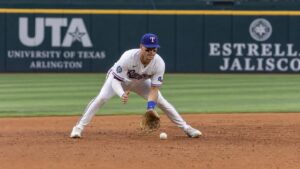 Josh Jung fielding at third base for the Texas Rangers