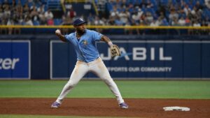 Junior Caminero playing third base for the Tampa Bay Rays