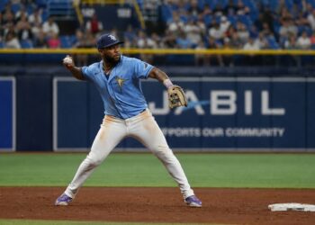 Junior Caminero playing third base for the Tampa Bay Rays
