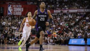 Emanuel Sharp of the Sacramento Kings driving to the basket during NBA Summer League action in Las Vegas