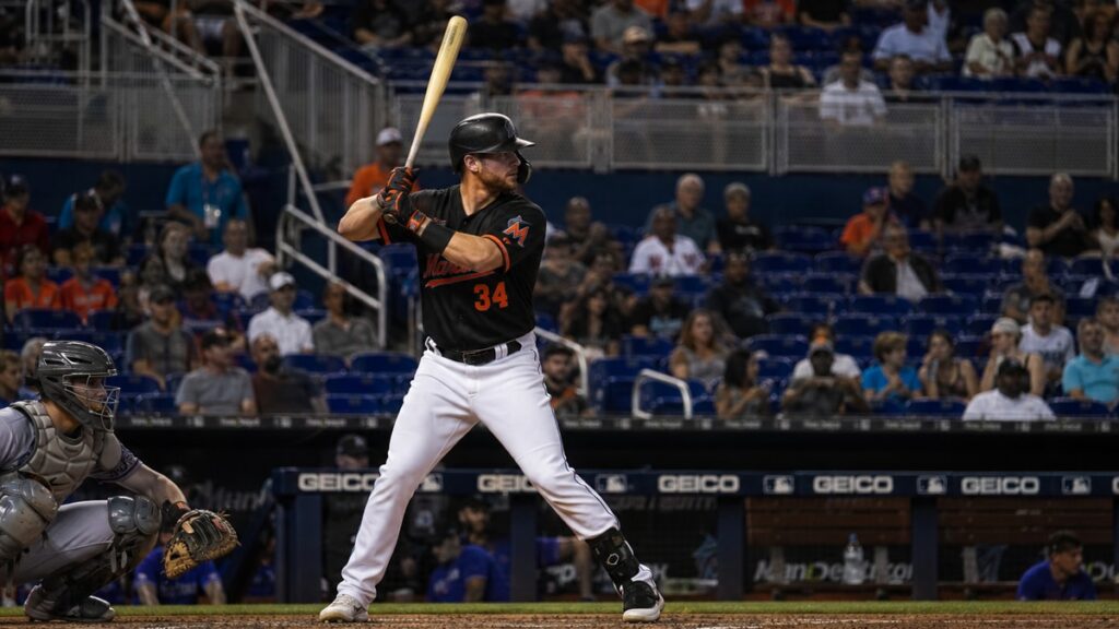 Liam Hicks batting for the Miami Marlins