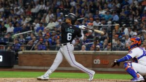 Otto Lopez batting for the Miami Marlins against the New York Mets
