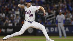 Nolan McLean pitching for the New York Mets against the Miami Marlins