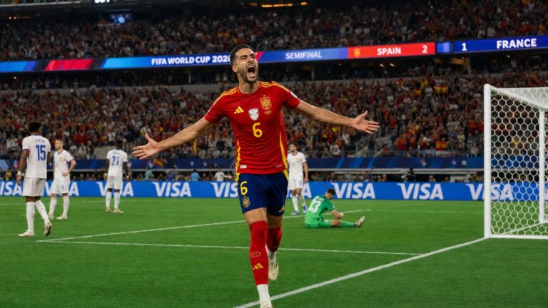 Mikel Merino celebrating for Spain at the World Cup 2026 semifinal