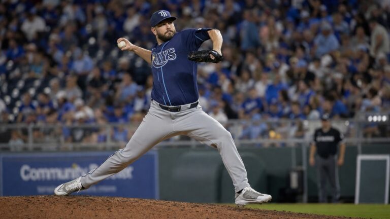 Tampa Bay Rays pitcher delivering a pitch on the mound at Kauffman Stadium