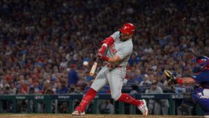 Kyle Schwarber hitting a home run for the Philadelphia Phillies