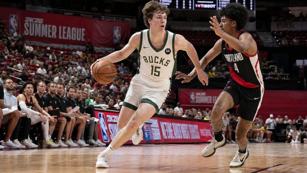 Nate Ament driving to the basket for the Milwaukee Bucks in NBA Summer League