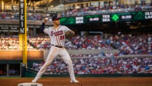 Matt Olson fielding at first base for the Atlanta Braves at Truist Park