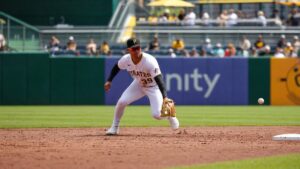 Nick Gonzales fielding at second base for the Pittsburgh Pirates