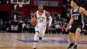 Jamal Shead driving to the basket for the Toronto Raptors at NBA Summer League