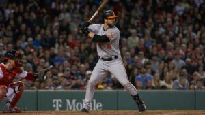 Taylor Ward batting for the Baltimore Orioles at Fenway Park