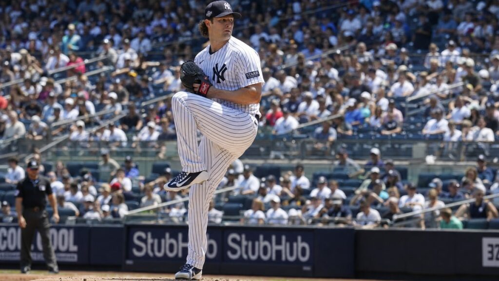 Gerrit Cole pitching for the New York Yankees at Yankee Stadium
