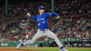 Dylan Cease pitching for the Toronto Blue Jays at Fenway Park