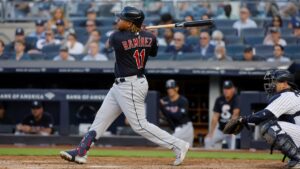 Jose Ramirez batting for the Cleveland Guardians