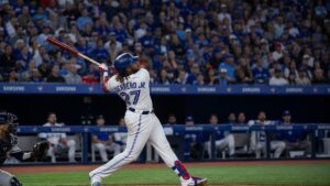 Vladimir Guerrero Jr. at bat for the Toronto Blue Jays in home white uniform