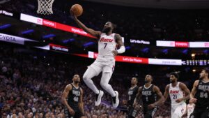 Jaylen Brown driving to the basket for the Philadelphia 76ers