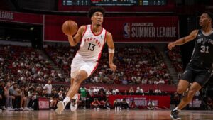 Seth Lundy driving to the basket for the Toronto Raptors at NBA Summer League in Las Vegas