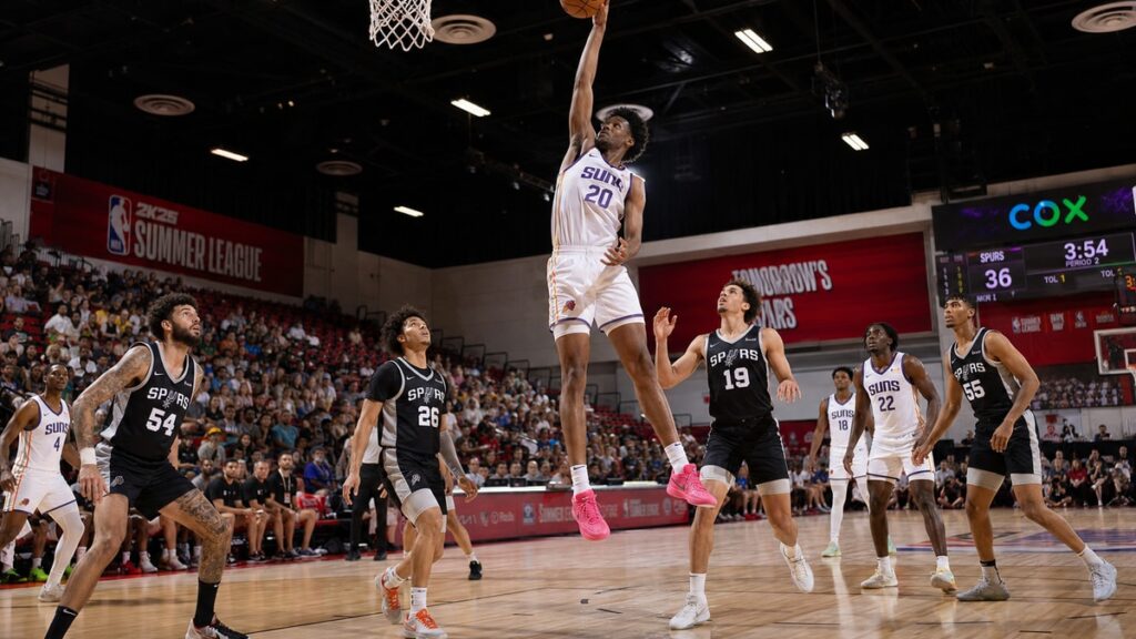 Rasheer Fleming rising for a rebound for the Phoenix Suns in NBA Summer League