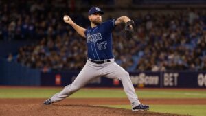 Drew Rasmussen pitching for the Tampa Bay Rays against the Toronto Blue Jays at Rogers Centre