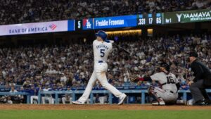 Freddie Freeman batting for the Los Angeles Dodgers at Dodger Stadium
