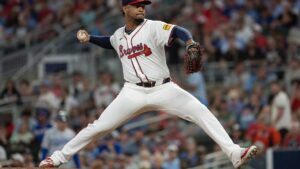 Reynaldo Lopez pitching for the Atlanta Braves at Truist Park