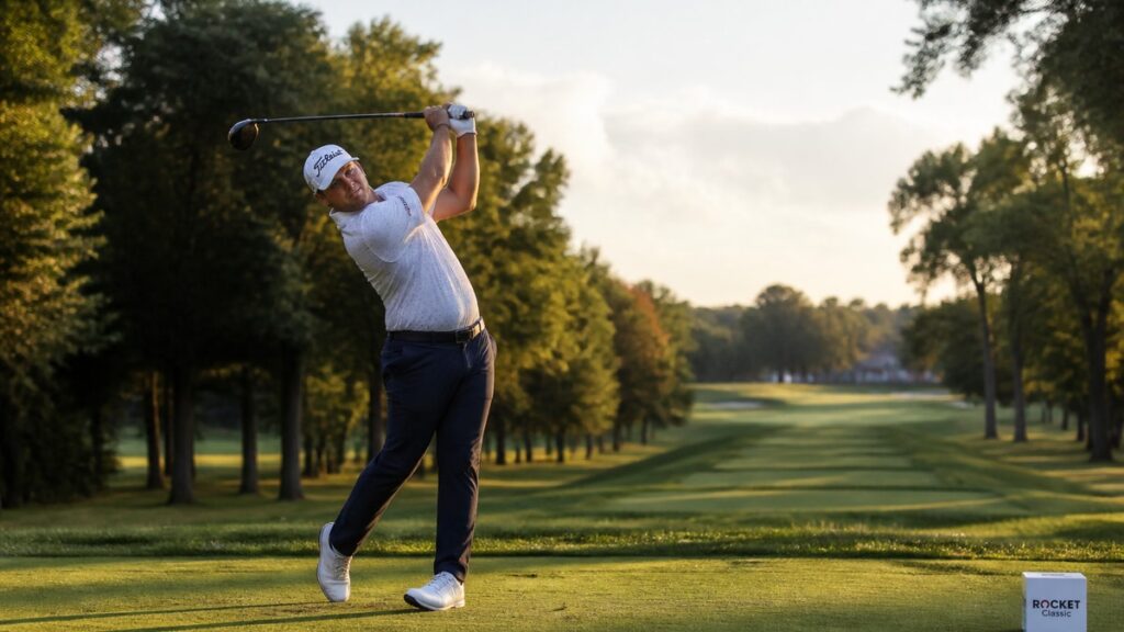Chris Gotterup hitting a tee shot during a PGA Tour event