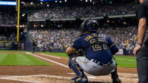 Milwaukee Brewers catcher behind home plate at American Family Field