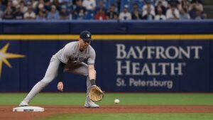Ryan McMahon fielding at third base for the New York Yankees